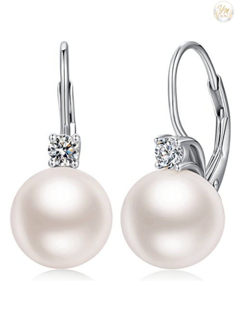 925 Sterling Silver Pearl Leverback Earrings Women CZ Drop Dangle 10mm